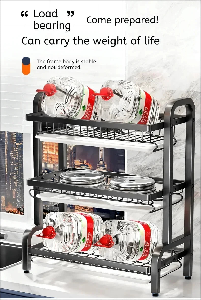 3-Tier Compact Dish Drying Rack with Drainboard Large Rust-Proof Metal Kitchen Storage Solution