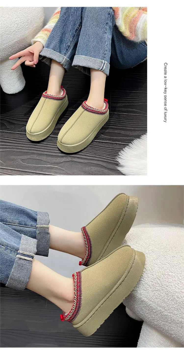 Women's Wool Slippers Warm Sheepskin Platform Shoes 2024