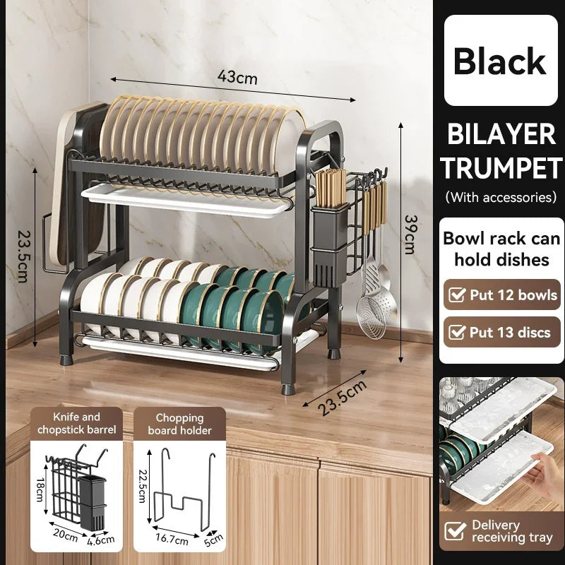 2-Tier Compact Dish Drying Rack Set with Drainboard Large Rust-Proof Dish Drainer and Utensil Holder for Efficient Kitchen Organization