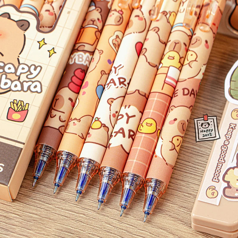 6Pcs Cute Capybara Erasable Pens Blue Ink Quick-Drying Stationery