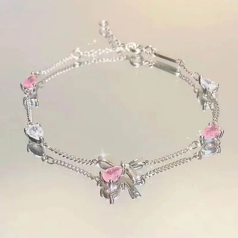 Shiny Pink Crystal Cherry Blossom Bracelets For Women Girls