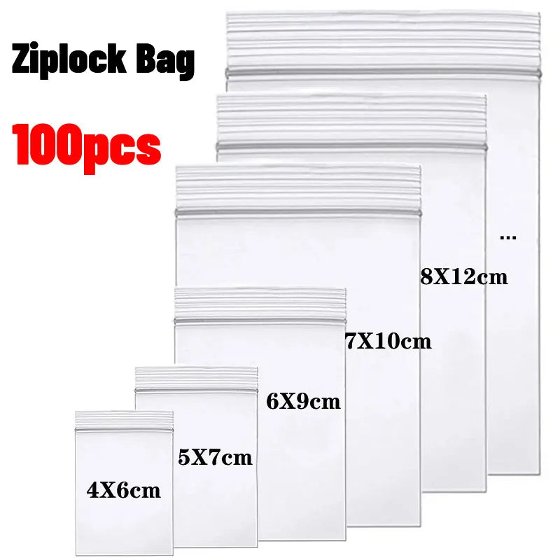 100Pcs Thicken Zipper Sealed Bags Clear Plastic Storage Bags for Jewelry and Food Packing