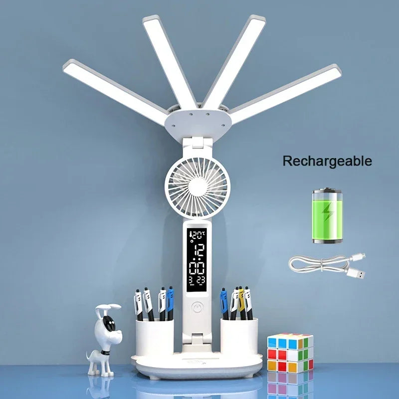 Multifunctional 3 Color LED Desk Lamp with Clock Fan and USB Charging Four Headed Folding Design