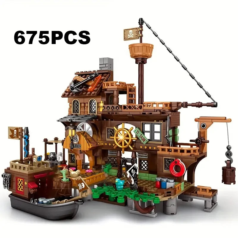 Creative Medieval Pirate Island Fortress Building Blocks Set with Adventure Ship and Log Cabin Model for Kids