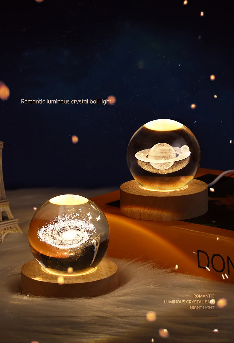 USB Night Light LED Crystal Ball Table Lamp 3D Galaxy Decor