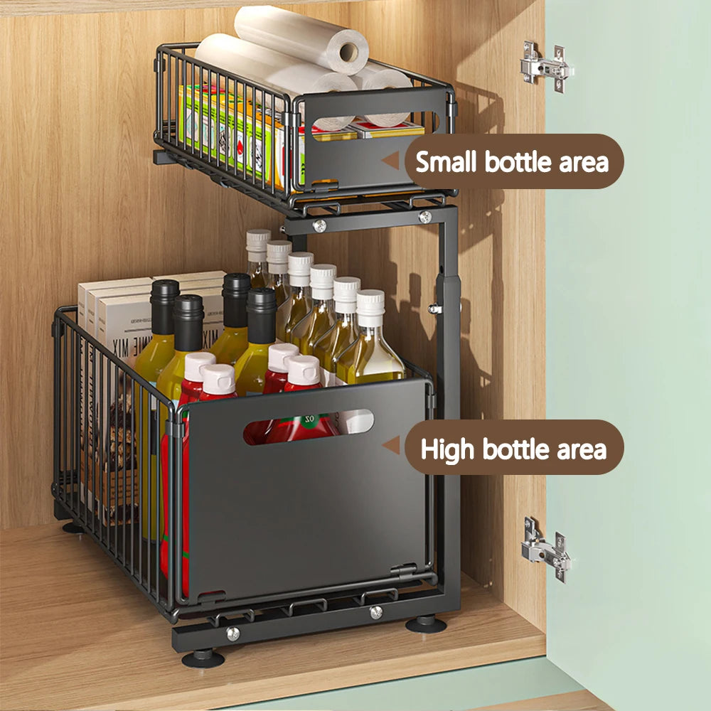 2 Tier Pull Out Cabinet Organizer Adjustable Kitchen Storage Rack