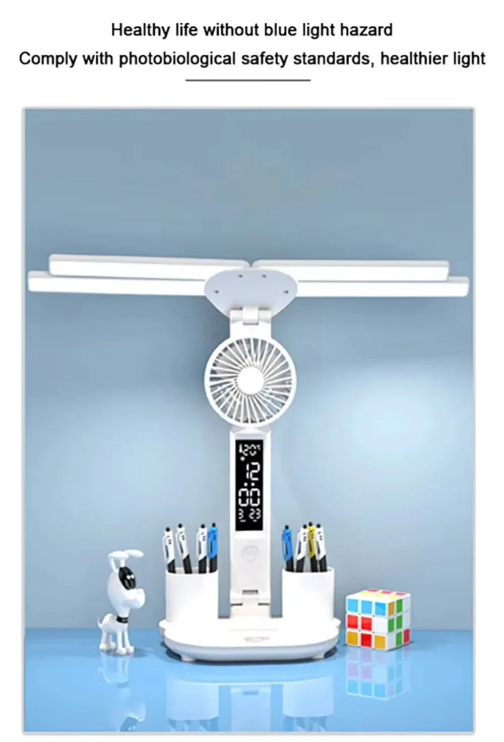 Multifunctional 3 Color LED Desk Lamp with Clock Fan and USB Charging Four Headed Folding Design