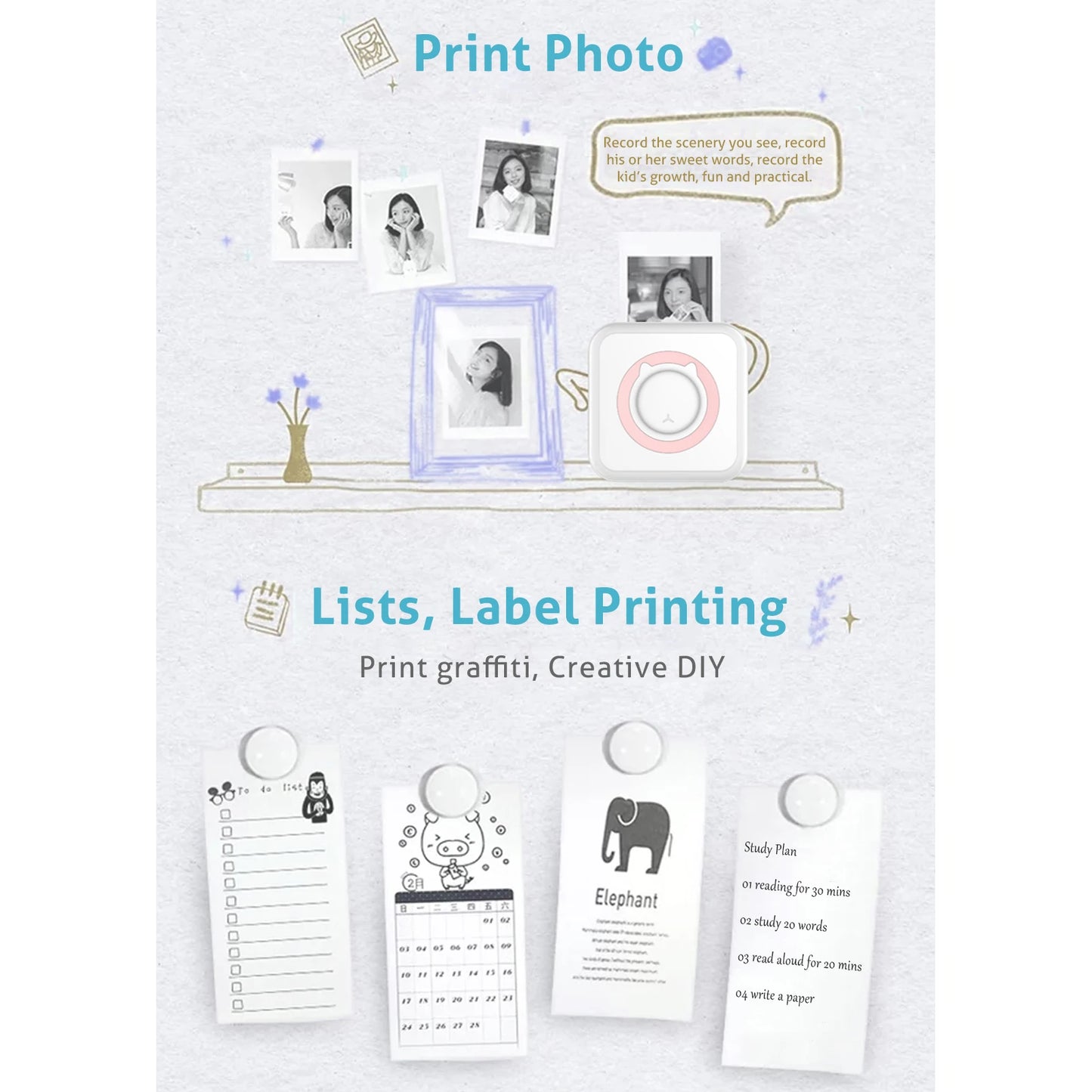 Portable Mini Thermal Printer Wireless BT 203dpi Label Memo Printing