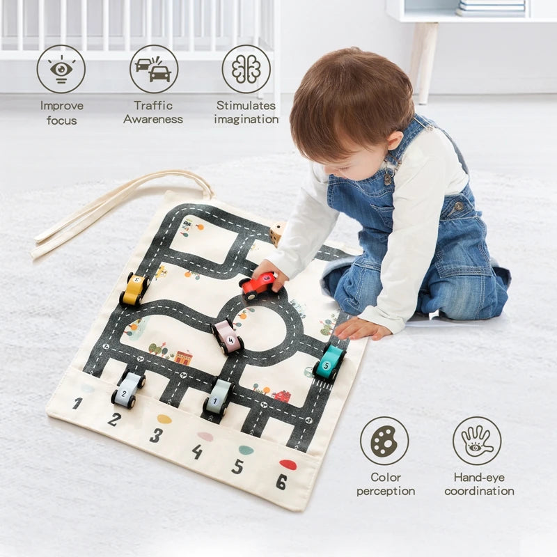 Children's Montessori Traffic Toy Wooden Car Game with Baby City Road Map 35x31 CM Educational Gift for Kids