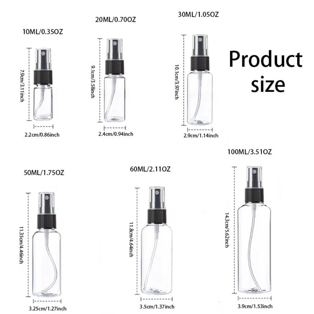50PCS Fine Mist Clear Spray Bottles in 10ml 20ml 30ml 50ml 60ml 100ml for Essential Oils Travel Perfumes Refillable Pump Caps