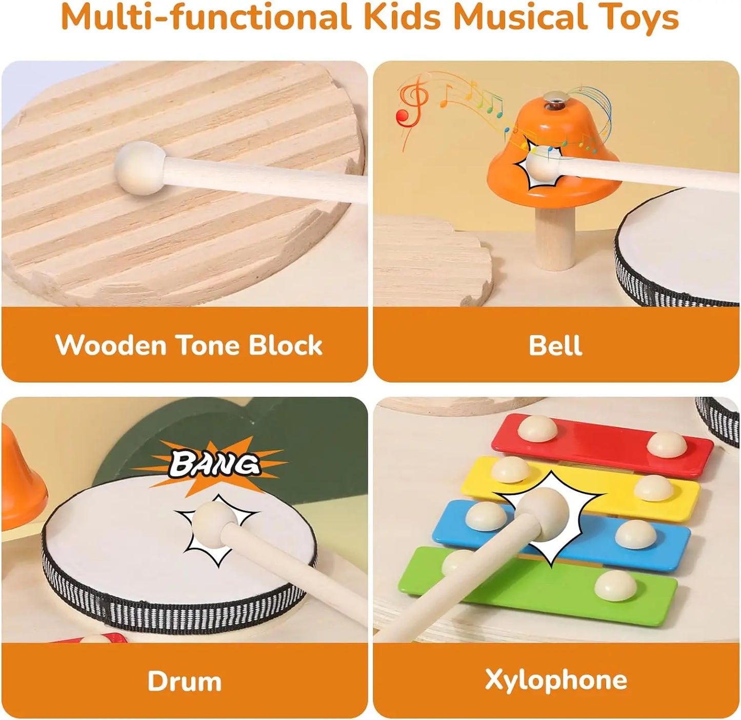 Wooden Xylophone Drum Set for Toddlers Montessori Musical Instruments Colorful Educational Toy