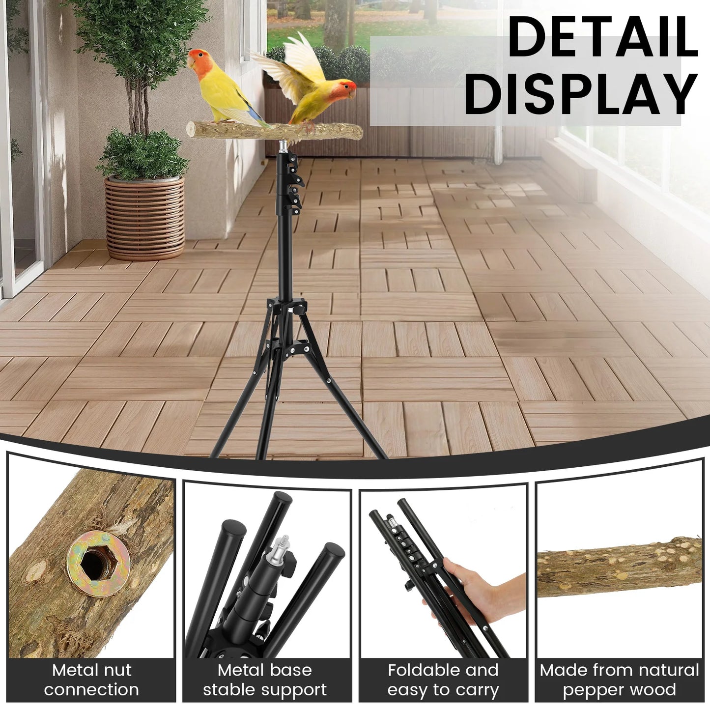 Wood Bird Branch Stand Height Adjustable Foldable Parrot Bird Training Perch Pet Bird Toy Portable Outdoor Perches Platform