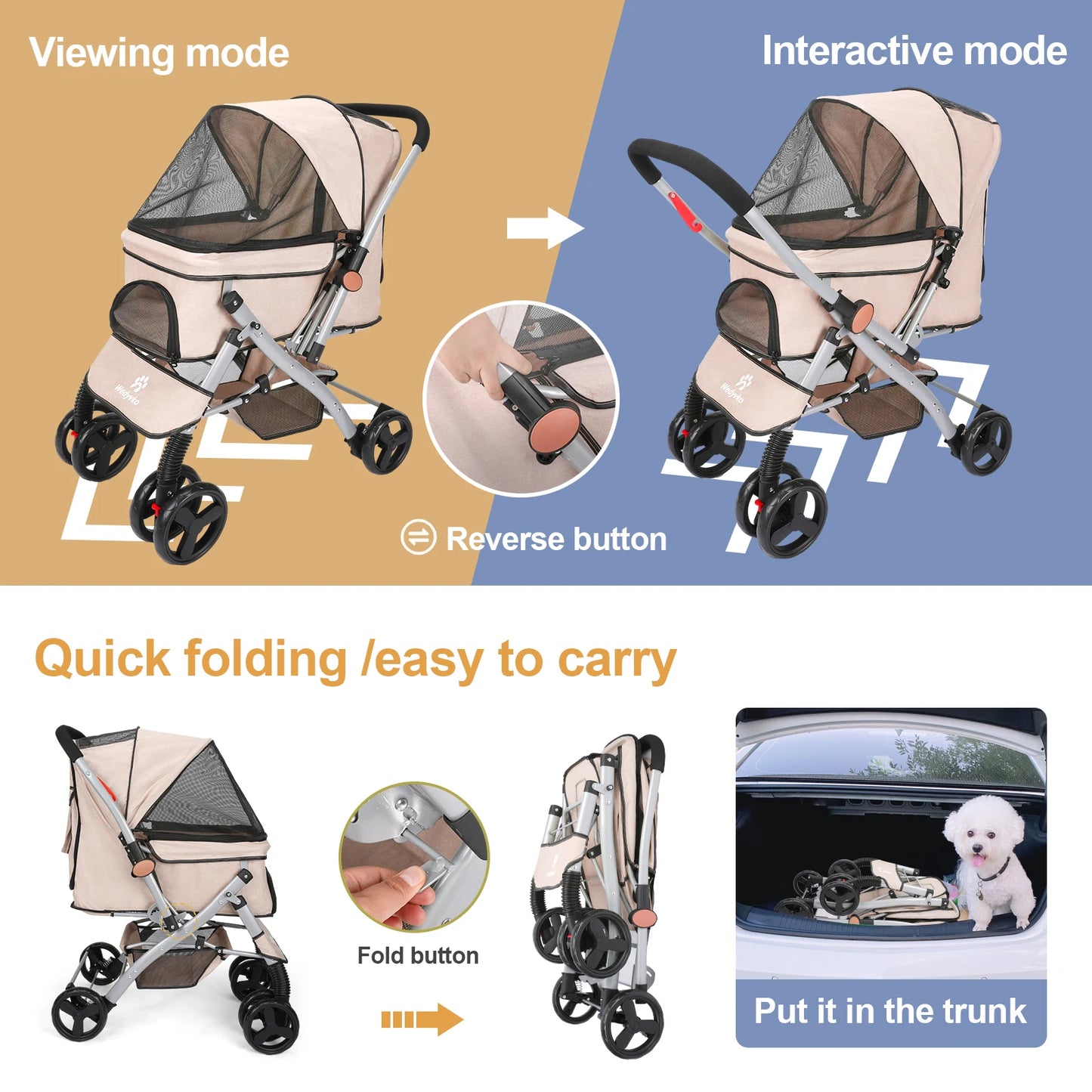 Foldable Cat Dog Stroller Detachable Easy Assembly Pet Travel Carrier W/Shock Absorption Folding Resistant to dirt