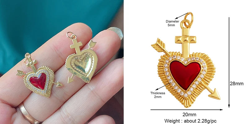 New Sacred Red Heart Charm Pendant 18K Gold Plated Zircon