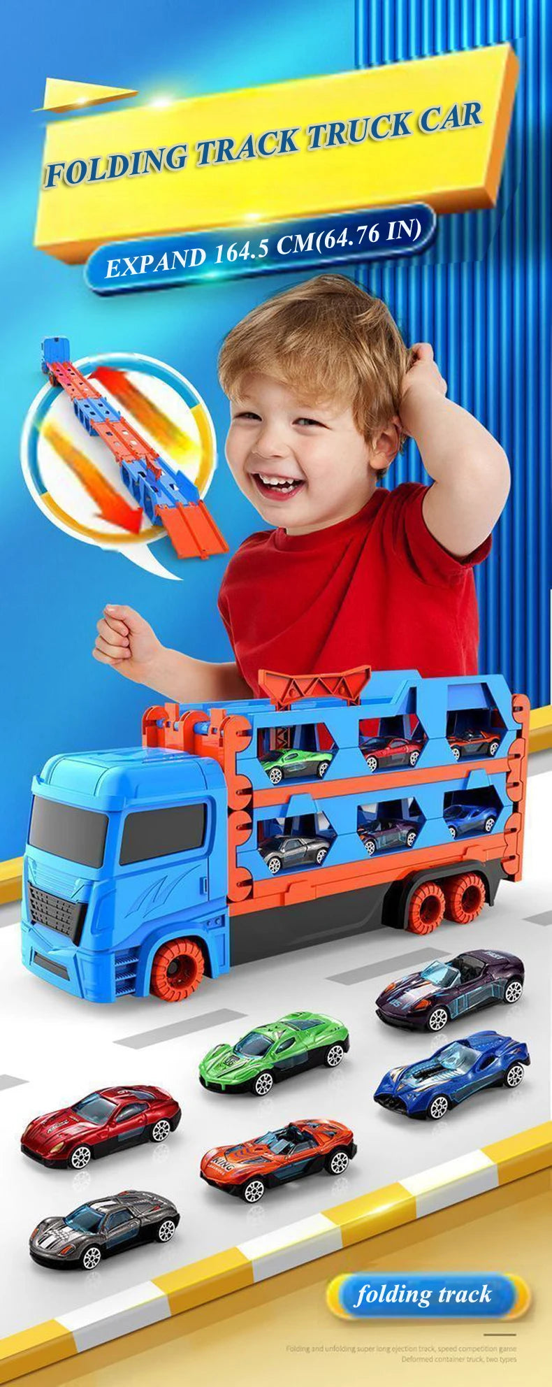 Large Car Transporter Truck with Folding Track and Racing Vehicles for Kids - Competitive Games and Storage Alloy Car Toy - Perfect Gift for Boys