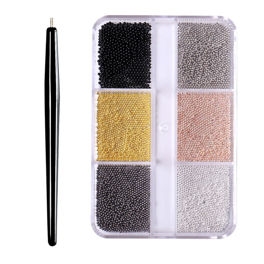 12 Grids Mini Caviar Beads Nail Art Charms With Magnetic Pen