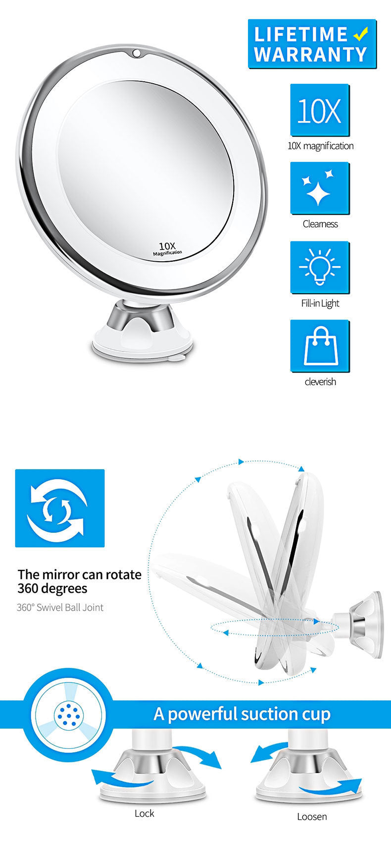 Lighted Makeup Mirror with LED Lights 10x Magnifying Portable Vanity Mirror