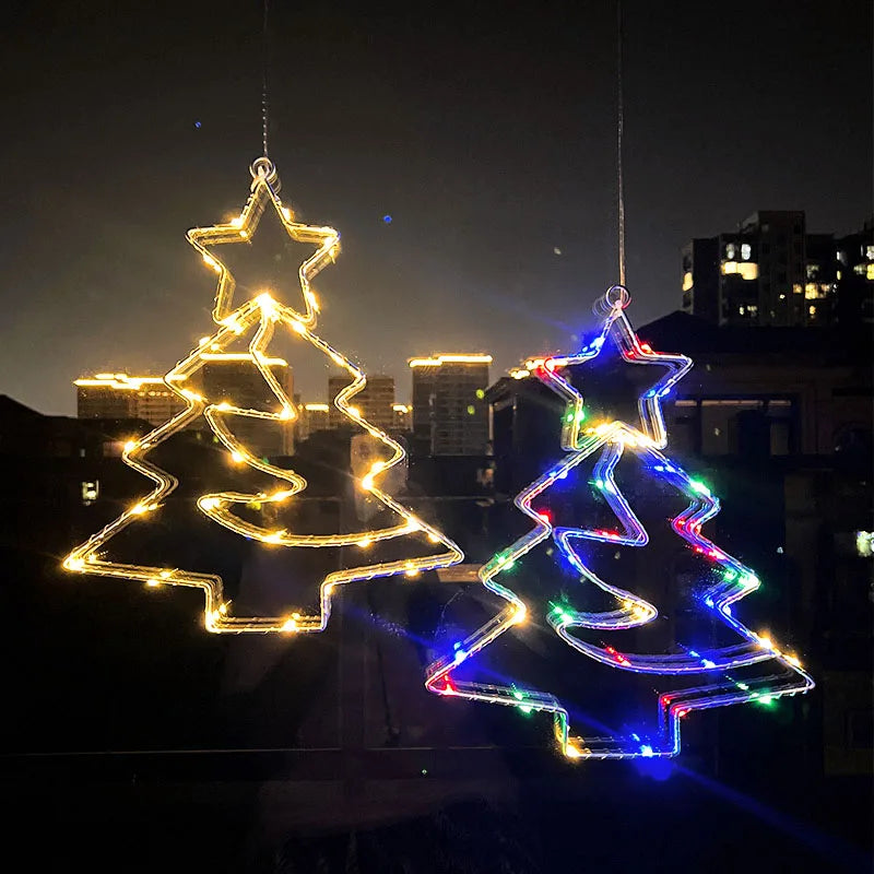 Xmas Tree Iron Frame LED Light String Window Hanging Ornament for 2024 Christmas and 2025 New Year Home Decoration