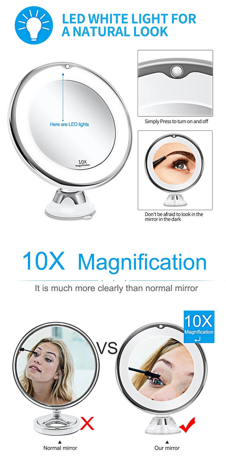 Lighted Makeup Mirror with LED Lights 10x Magnifying Portable Vanity Mirror