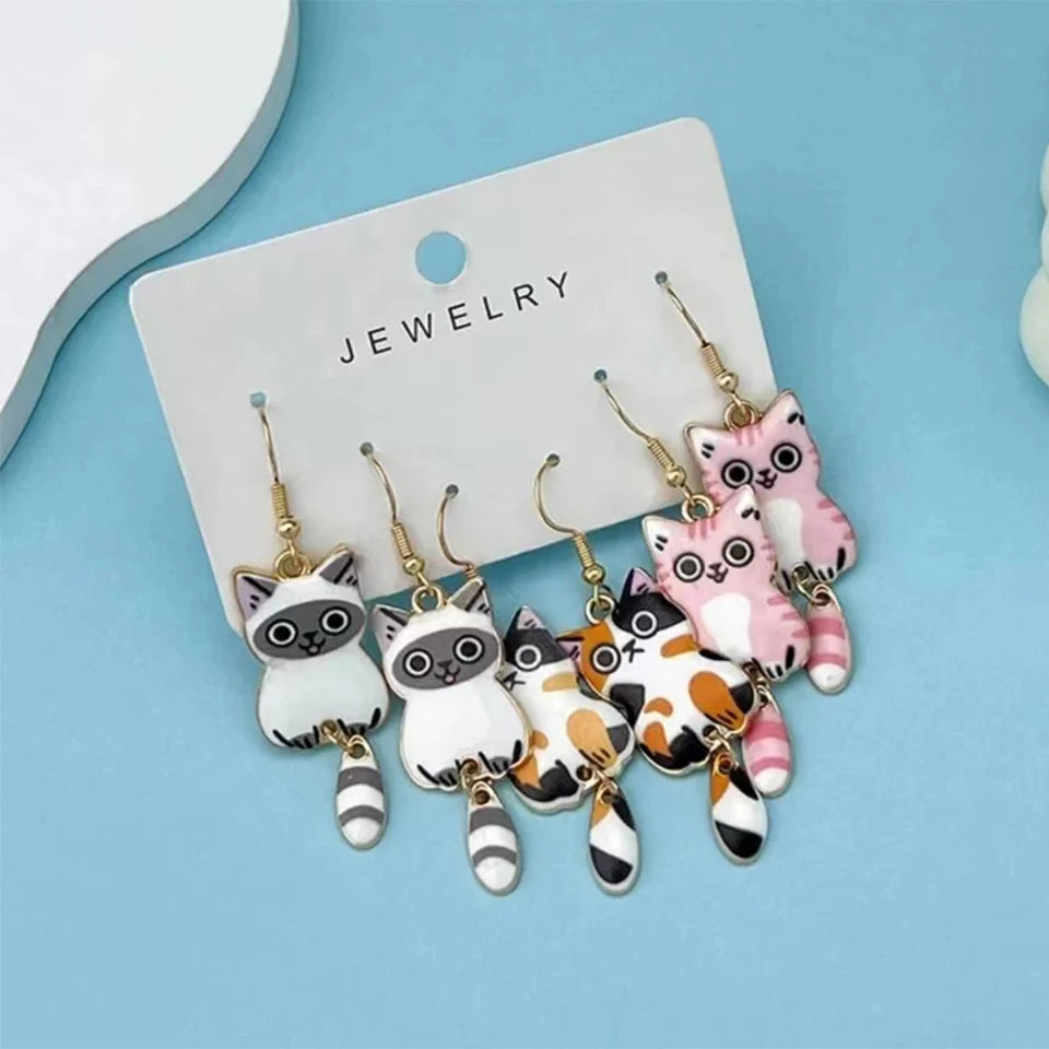 3 Pairs Fun Cute Enamel Alloy Cat Dangle Earrings Set Gift