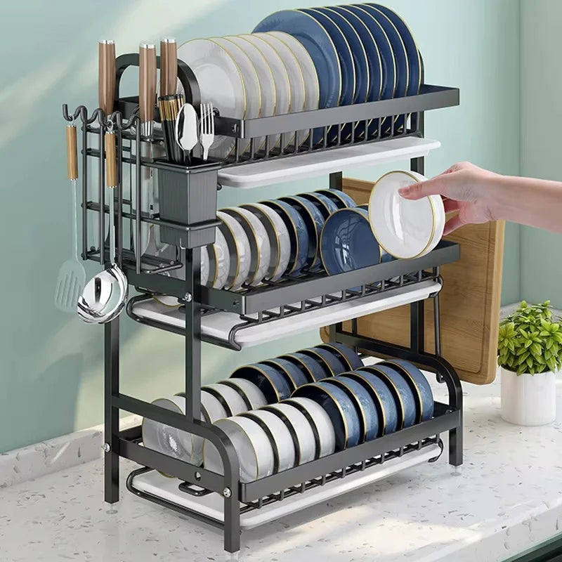 3-Tier Compact Dish Drying Rack with Drainboard Large Rust-Proof Metal Kitchen Storage Solution