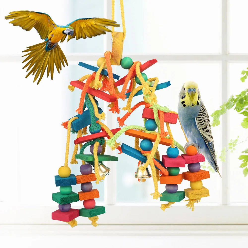 Parrot Toys Hanging Rope Pet Ladder Wood Stand Budgie Parakeet Climb Cage Bird Bite Toy Colorful Bird Chewing Toy Pet Supplies
