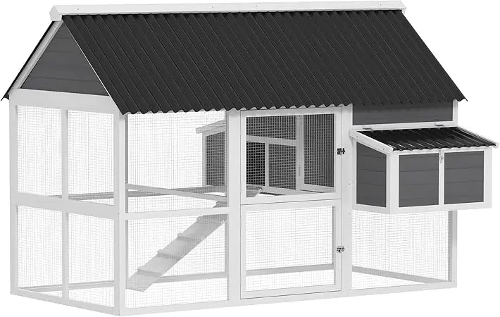 Chicken Coop with Run, Large Wooden Chicken House with 2 Nesting Boxes, 2 Roosting Bars, Ramp & Tray, Hen House Poultry Cage fo