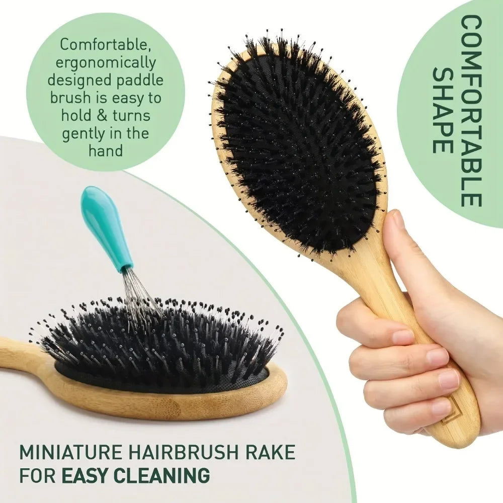 Natural Boar Bristle Hair Brush with Bamboo Handle and Scalp Massage