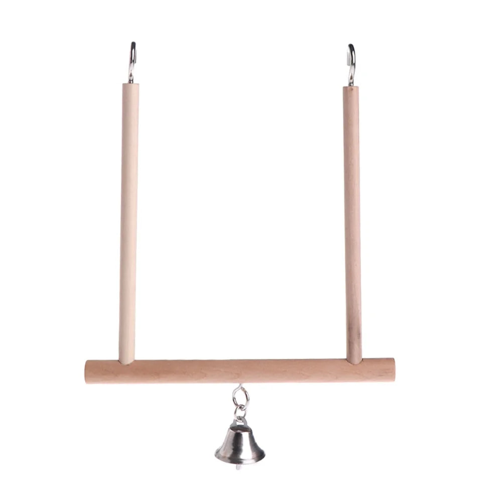 Birds Perch Parrot Play Toys Stand Holder natural Wooden Swing Bell Cage Hanging
