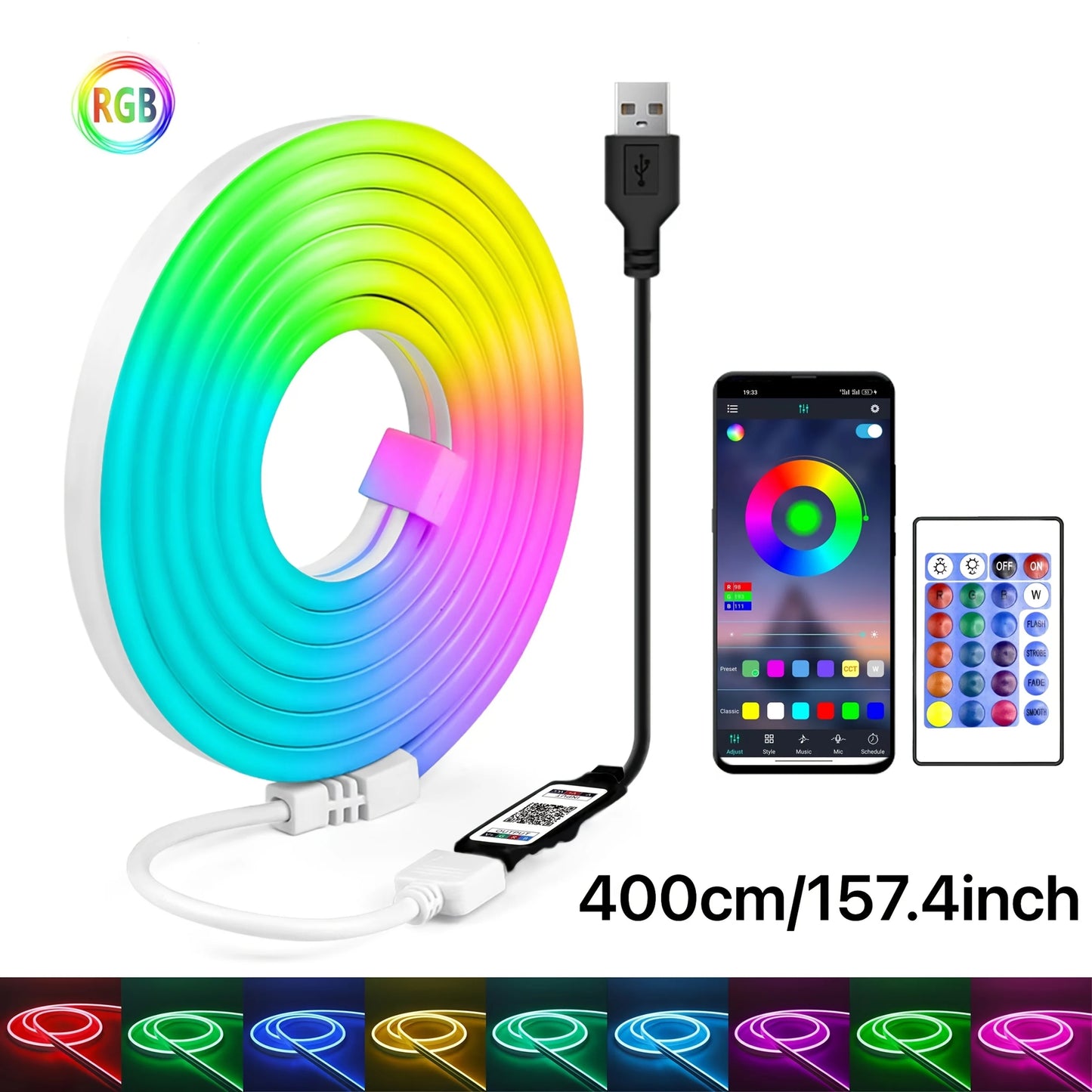 Smart LED Strip Lights RGB Neon Sign Tape USB Bluetooth App Remote Control Flexible Backlight Gaming Room Decor