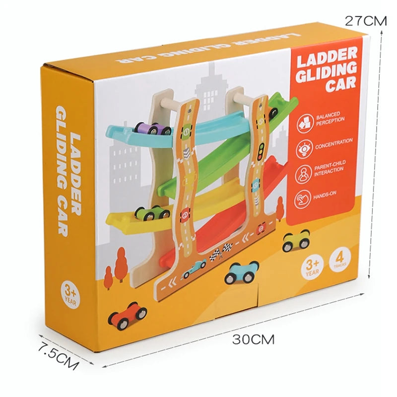 Kids Four-Layer Wooden Gliders Montessori Inertia Track Car Toy Set Animal and Traffic Themes Early Learning Birthday Gift