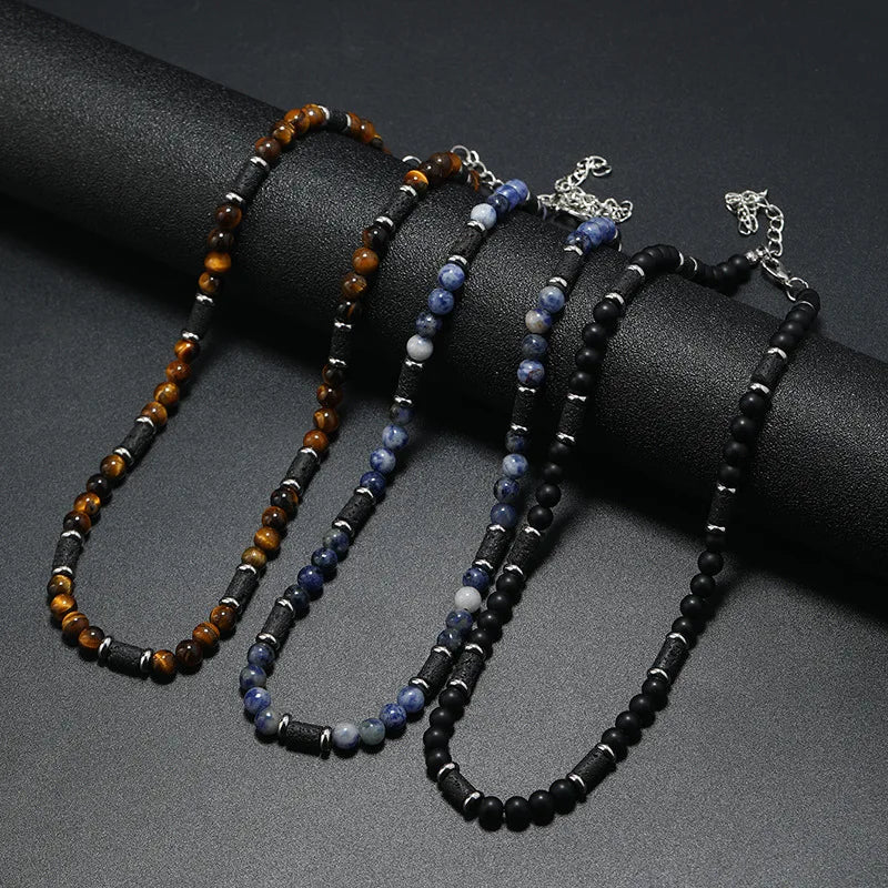 New Bohemian Men's Beaded Necklace Tiger Stone Natural Stone