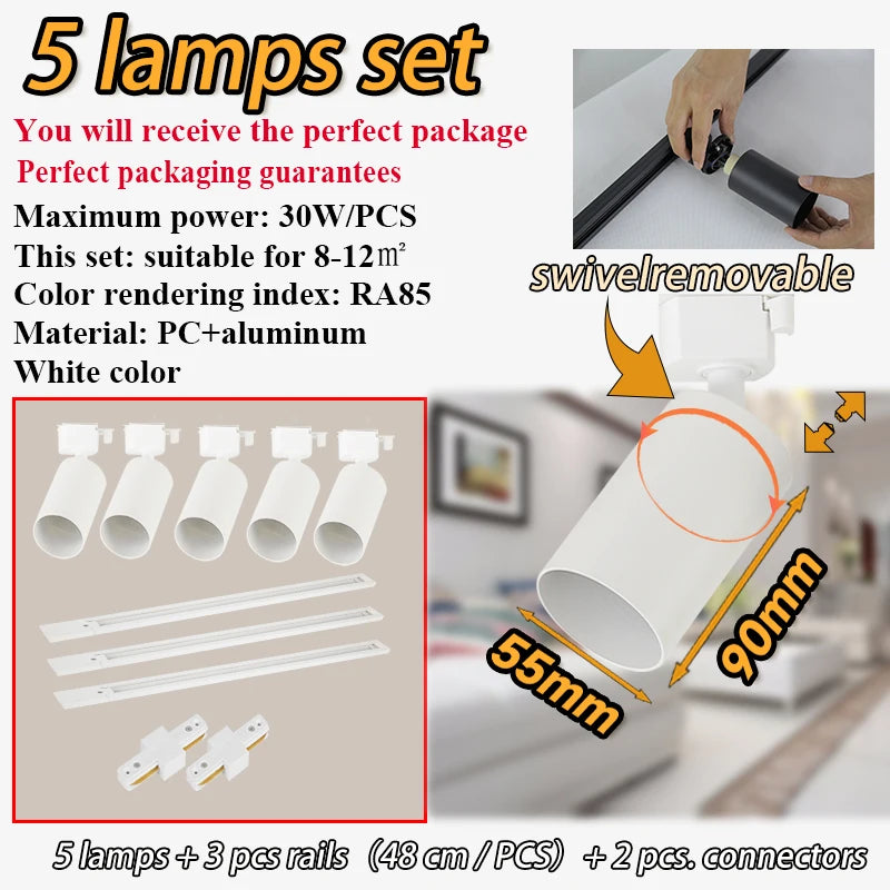 Dimmable GU10 Track Light Set Smart Home Spotlights Adjustable Ceiling Rail Lighting for Kitchen and Living Room