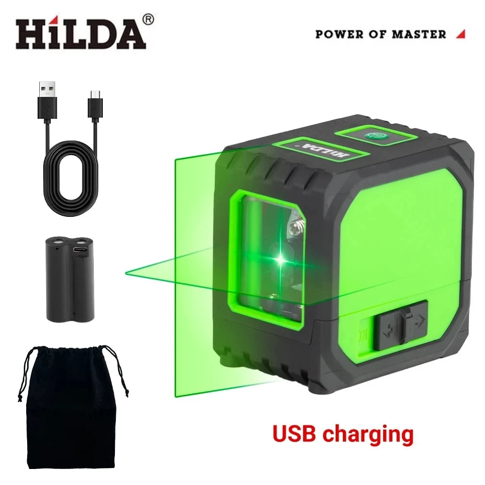 HILDA 2 Lines Mini Laser Level Green Beams USB Charging