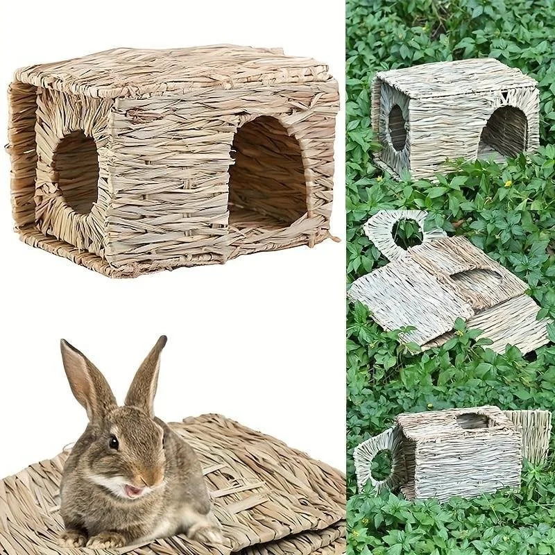 Grass House for Rabbit Foldable Woven Rabbit Cages Hamster Guinea Pig Grass Chew Toy Mat House Bed Nests for Animal Accessories