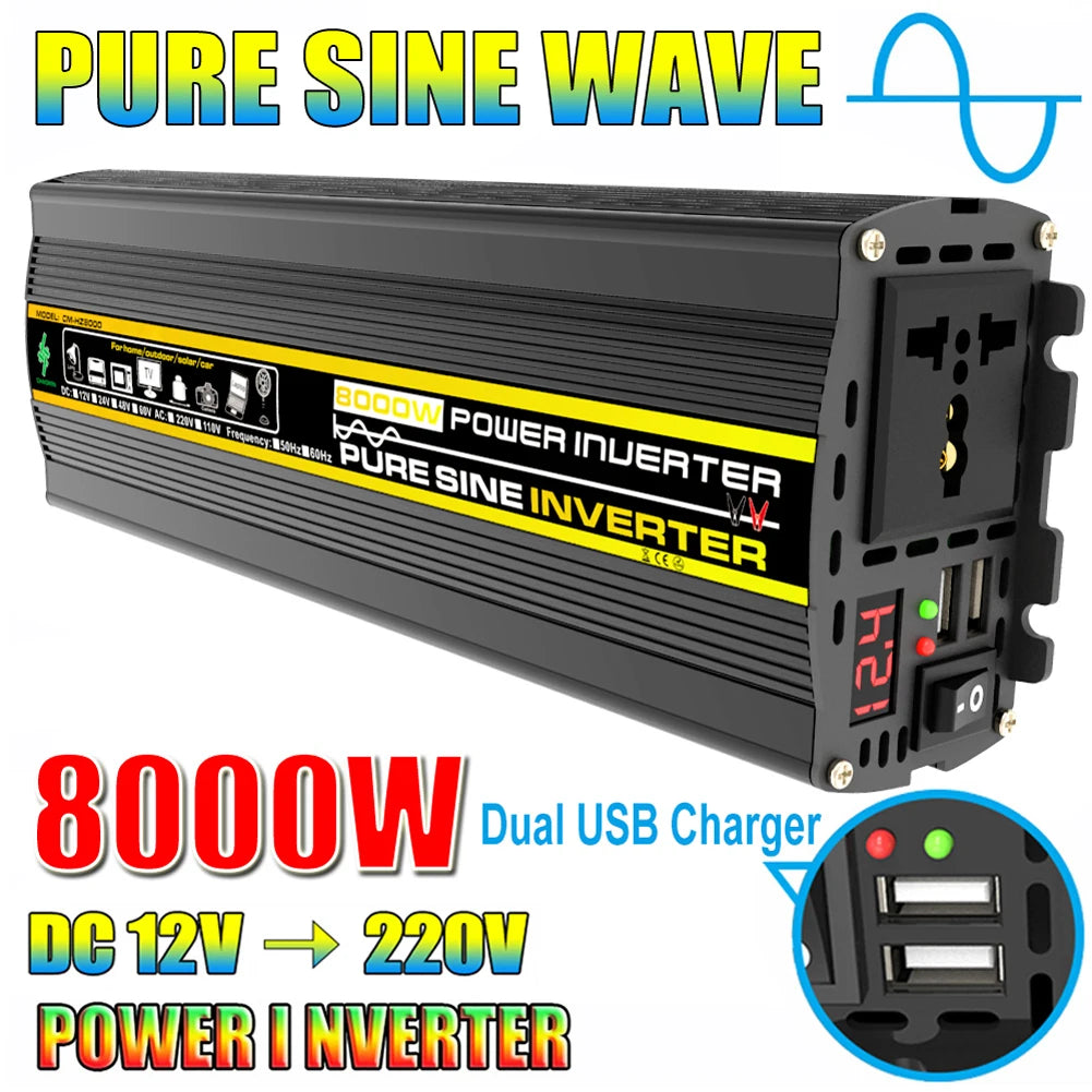 10000W/12000W Car Inverter LCD Display Pure Sine Wave Inverter DC 12V to AC 220V