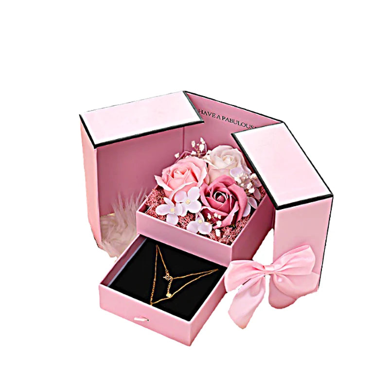Rose Jewelry Gift Box Bow Luxury Double Door Drawer Packaging for Girlfriend Mom Romantic Flower