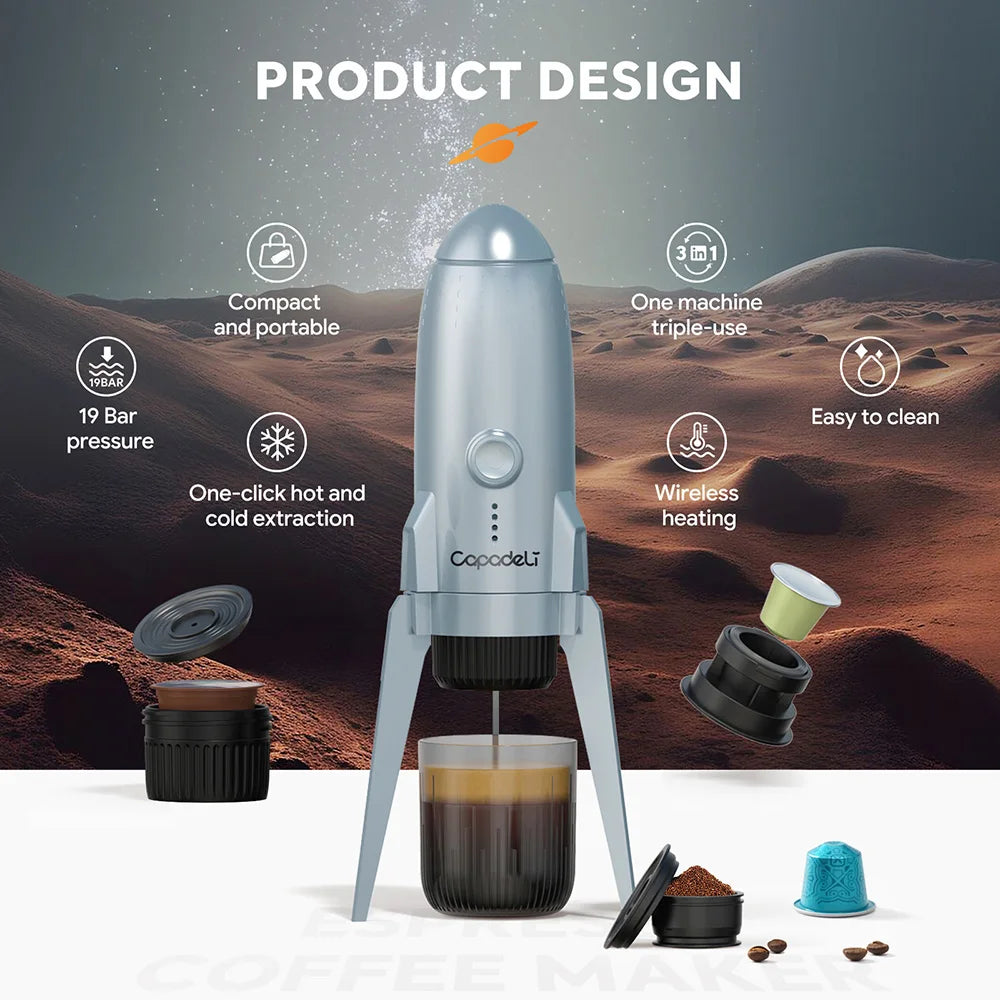 3-in-1 Portable Espresso Machine β Compatible with Nespresso Pods & Ground Coffee, Rechargeable for Travel/Car Use