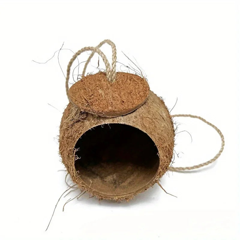 1Pc Natural Coconut Shell Bird Nest House with Hanging Lanyard for Pet Parrot Budgie Unique Hand-Made Birdhouse Toys