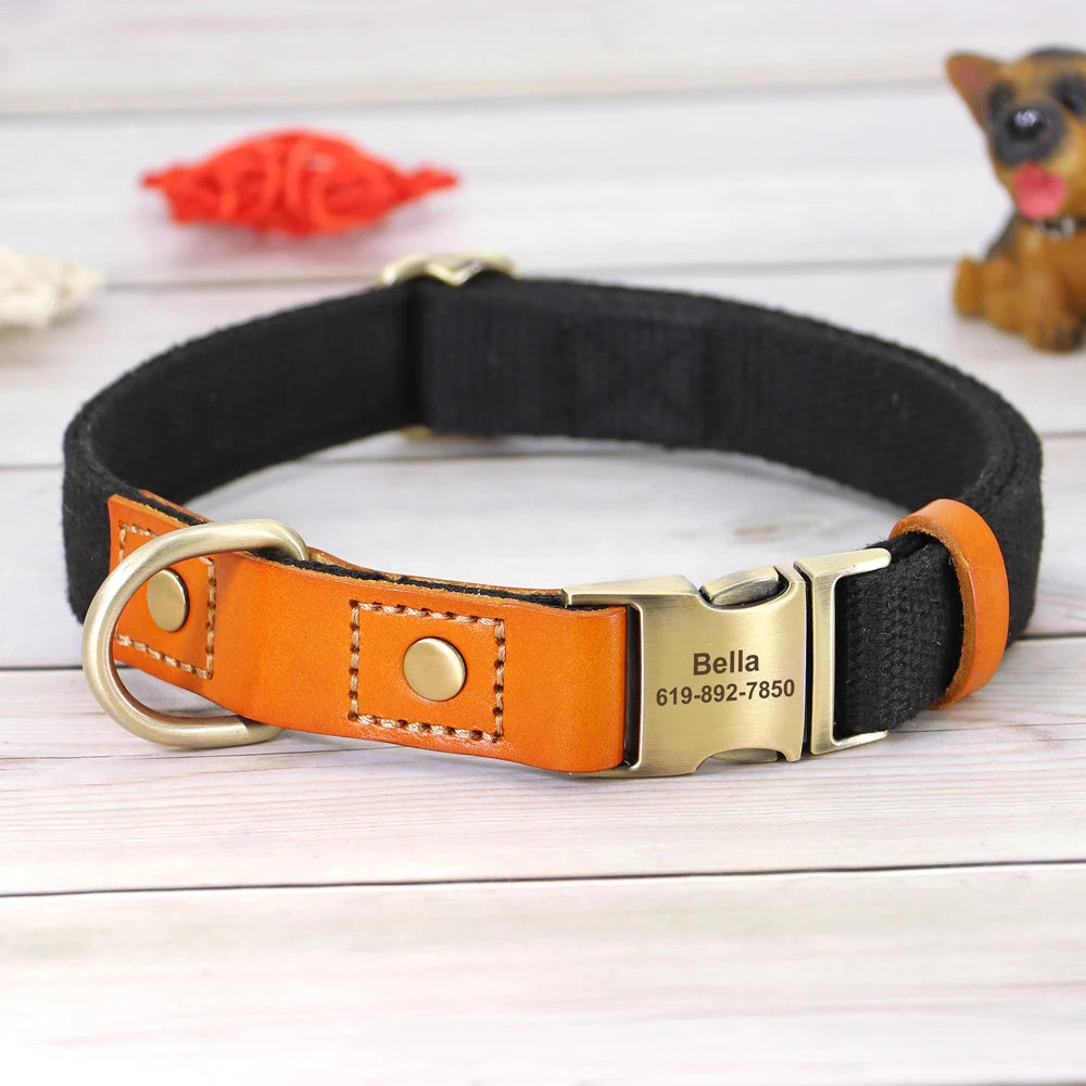 Nylon Custom Dog Collar and Leash Set with Personalized Genuine Leather Nameplate ID Tag for Puppies