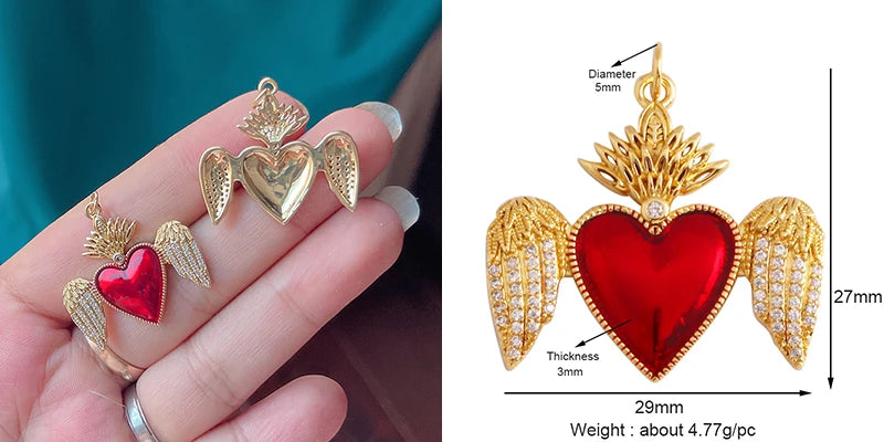New Sacred Red Heart Charm Pendant 18K Gold Plated Zircon