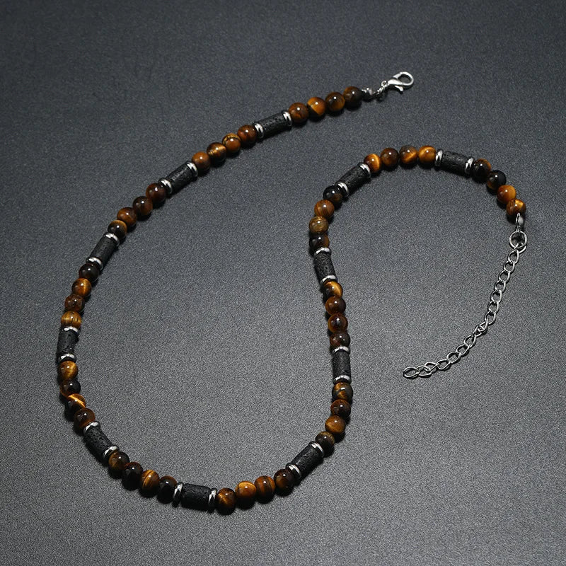 New Bohemian Men's Beaded Necklace Tiger Stone Natural Stone
