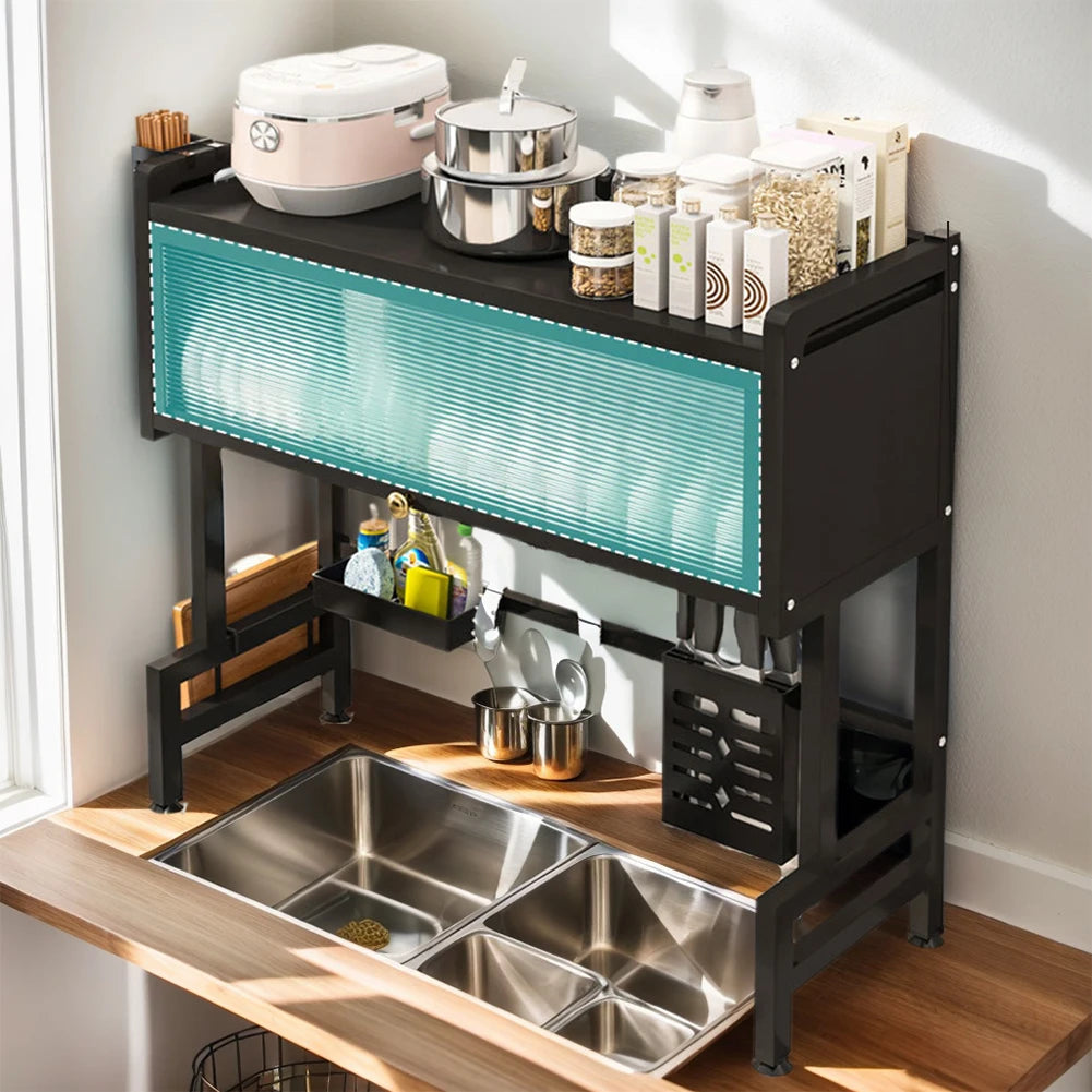 Multi Organizer Steel Over The Sink Dish Drying Rack with 3-Tier Utensil Holder and Protective Cover