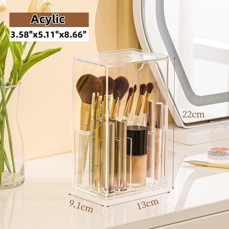 Large Capacity Clear Makeup Brush Holder Organizer with Lid 17 Slot Slanted Design for Desk Storage