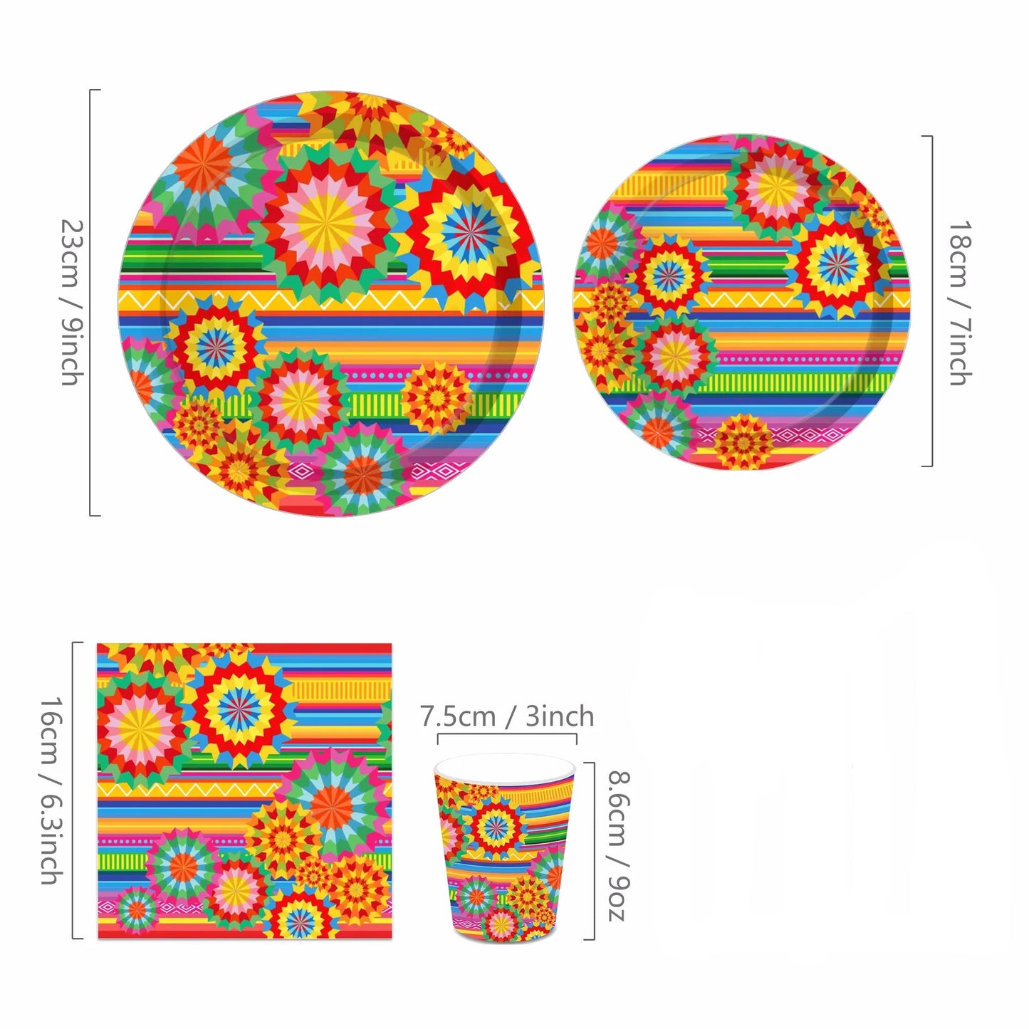 Colorful partyware set with plates, cups, cutlery, and tablecloth on a white background