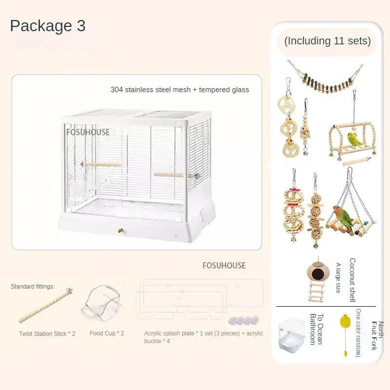 Home Luxury Parrot Cage Pet Breeding CagePanoramic Glass High-definition Transparent Bird Cages Outdoor Portable Budgie Cage W