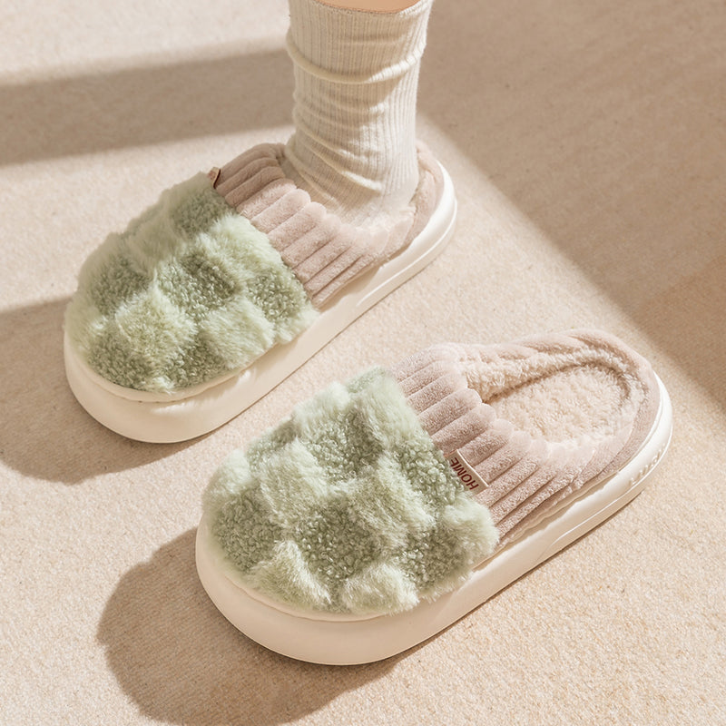 Fashion Couple Winter Toe Wrap Warm Plaid Cotton Slippers