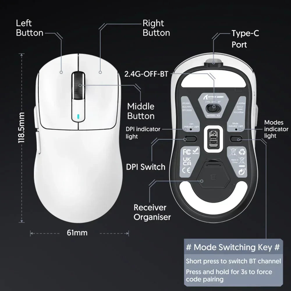 X3 PixArt PAW3395 Bluetooth Mouse 26000dpi Tri-Mode 49g