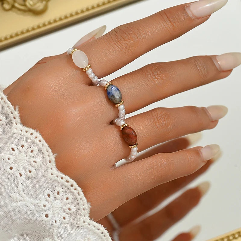 3 PCS Set Natural Stone Pearl Beaded Rings for Women