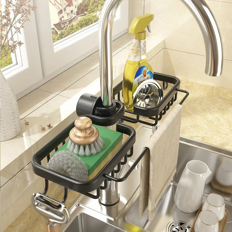 Aluminum Sink Drain Rack Sponge Holder and Soap Organizer Bathroom Kitchen Accessory